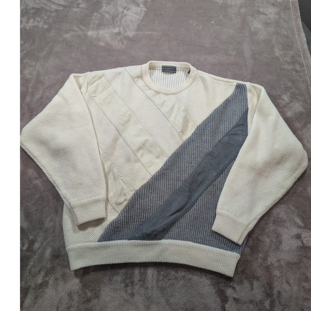 Saxony Sweater Mens XL Cream Grey Genuine Leather Suede Trim Wool Blend Vintage